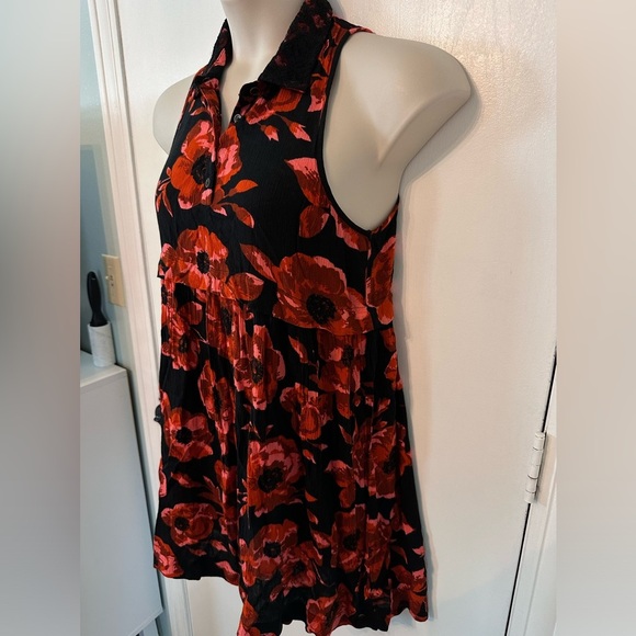 Volcom Red & Black Floral sleeveless Mini skater Dress lace collar Sz 10 #1526 - Picture 4 of 8